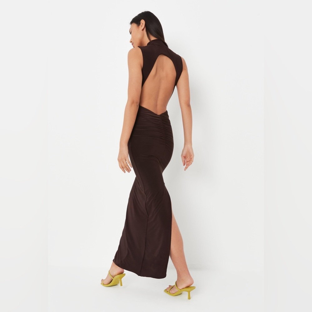 Missguided Chocolate Cut Out Ruched Back Double Layer Slinky Maxi Dress Size 8